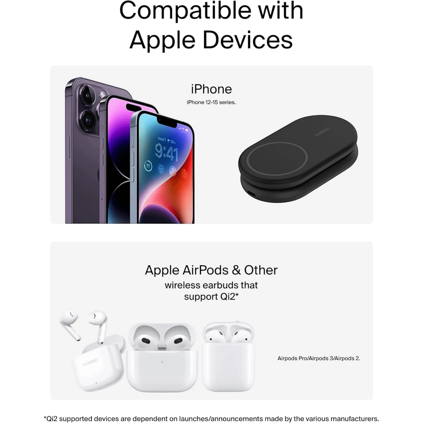 قاعدة شحن بيلكن قابلة للطي، ٢ في ١ بقوة ١٥ واط، حل شحن محمول وفعال لأجهزة آبل، متوفر لدى اكس ستور في قطر