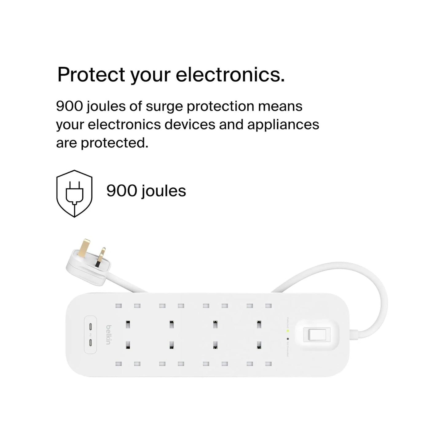 محول حماية من التيار العالي، من بيلكن مع ٨ منافذ، بقدرة ٣٠ واط ومنفذي USB-C، كابل ٢ متر، مثالي لشحن آمن، متوفر لدى اكس ستور في قطر