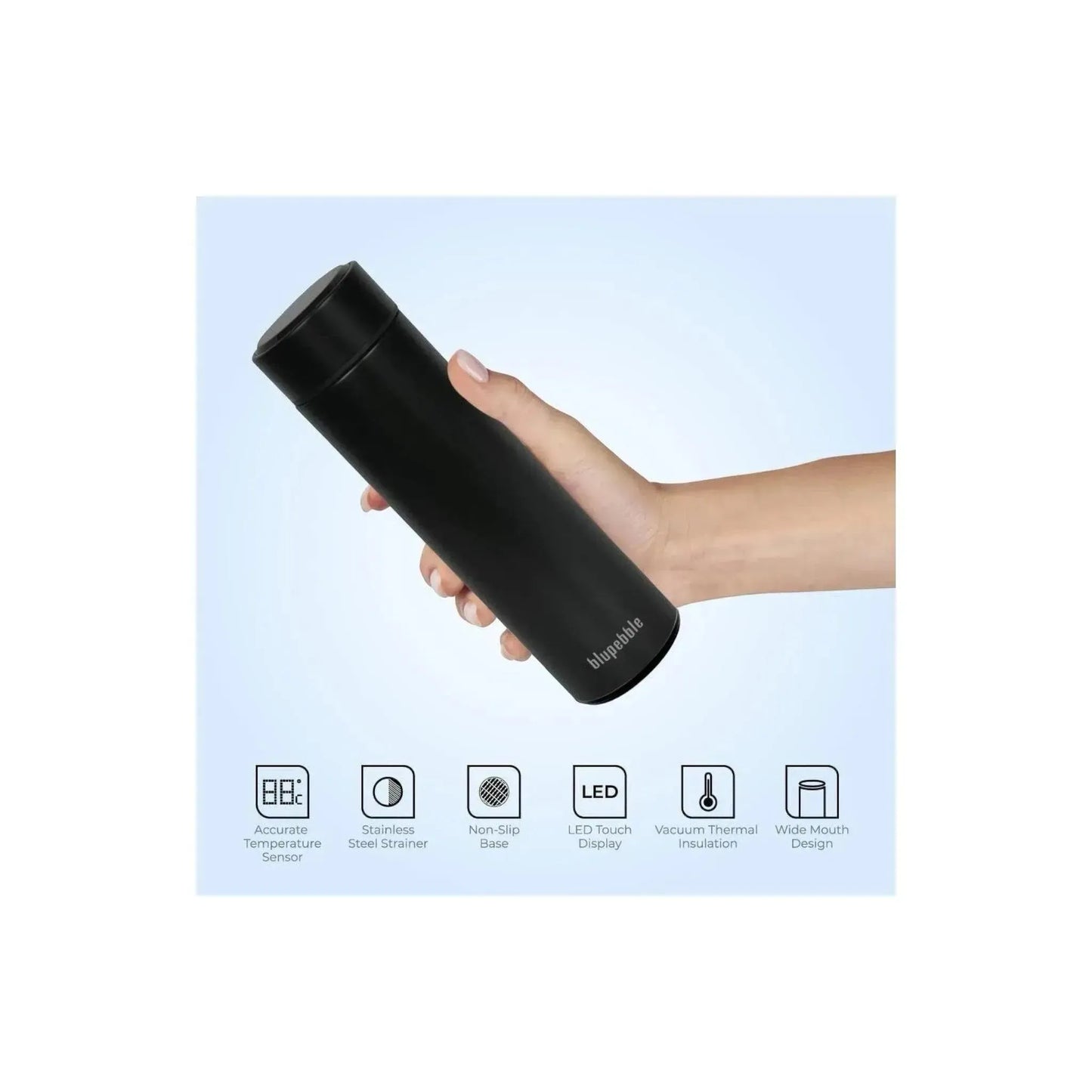 500ml smart water bottle with LED temperature display, stainless steel strainer, perfect for daily hydration, at xStore in Qatar.