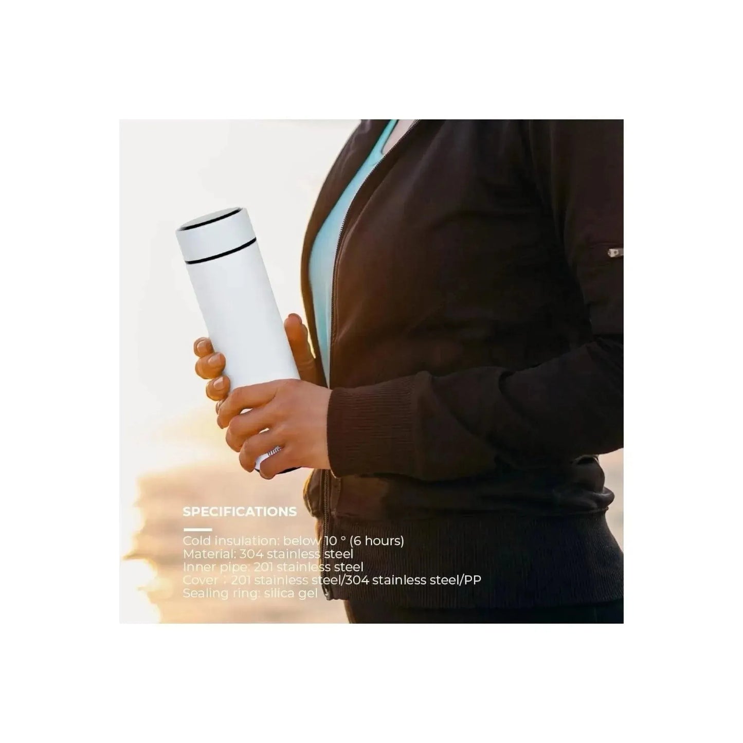 Double-walled stainless steel water bottle with temperature display, keeping drinks hot or cold for hours, from xStore in Qatar.