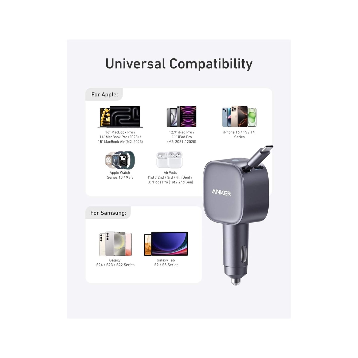 يشمل شاحن anker nano للسيارة مع كابل usb-c مدمج لتجربة شحن فعالة أثناء التنقل متوفر لدى اكس ستور في قطر