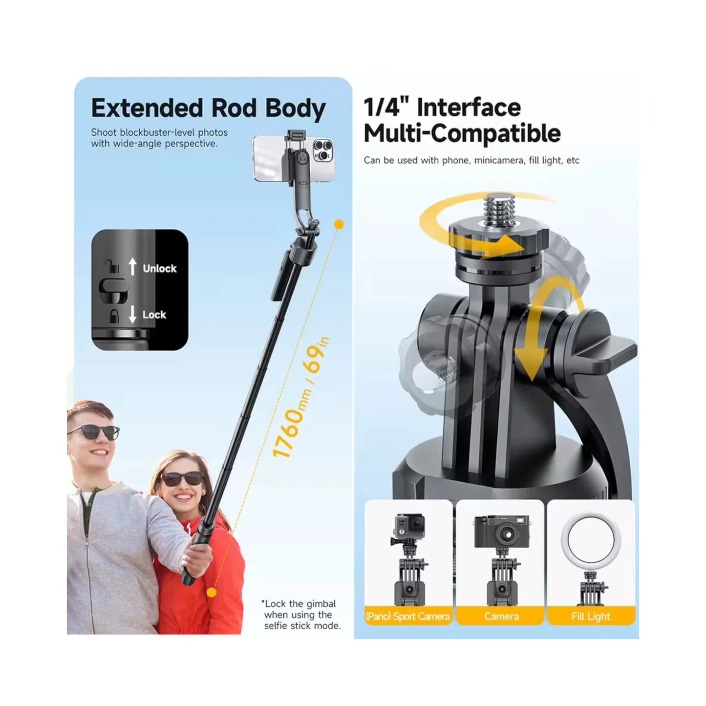 Tracking Gimbal Selfie Stick Tripod, Detachable remote control and phone clip, Available now from xStore.qa in Qatar.