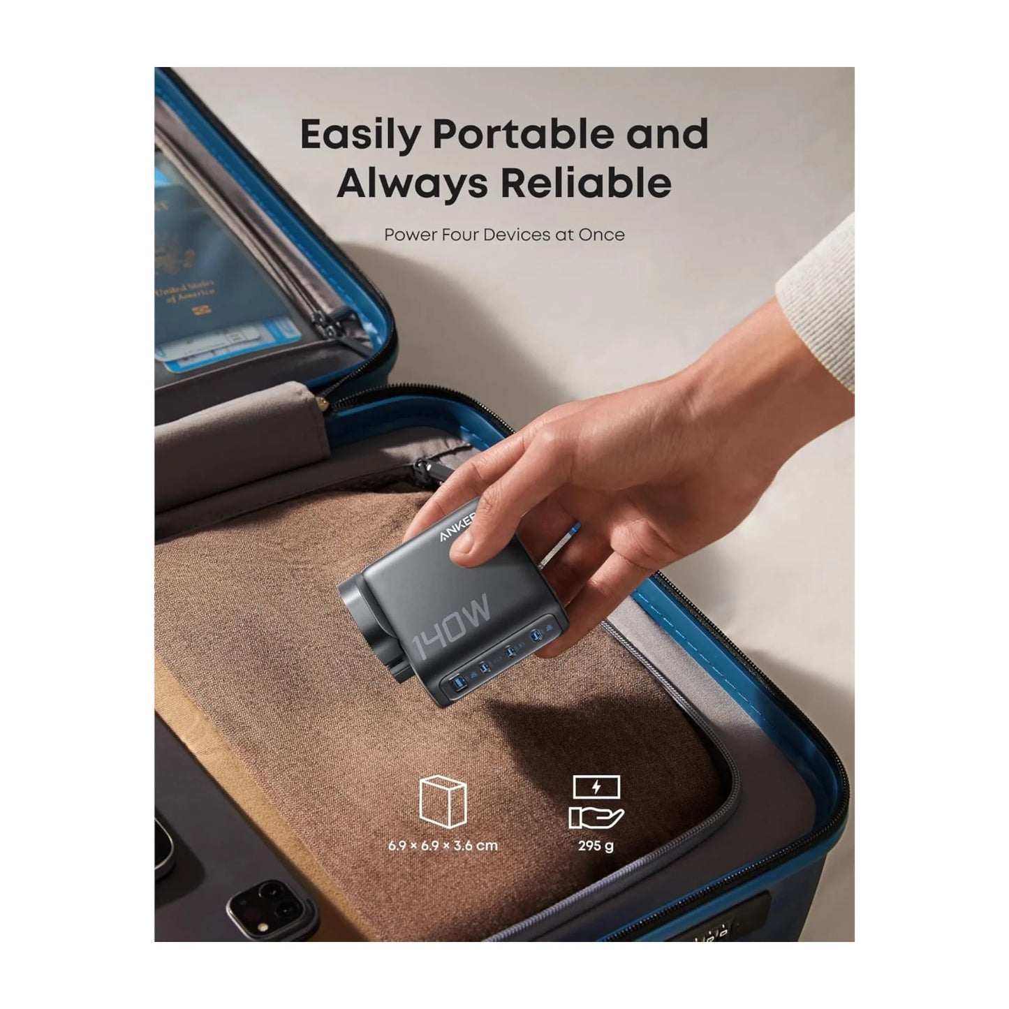 شاحن انكر السريع ٤ منافذ بقوة ١٤٠ واط، مناسب لشحن جميع أجهزتك الكمبيوتر والايباد والموبايل، متوفر لدي اكس ستور في قطر