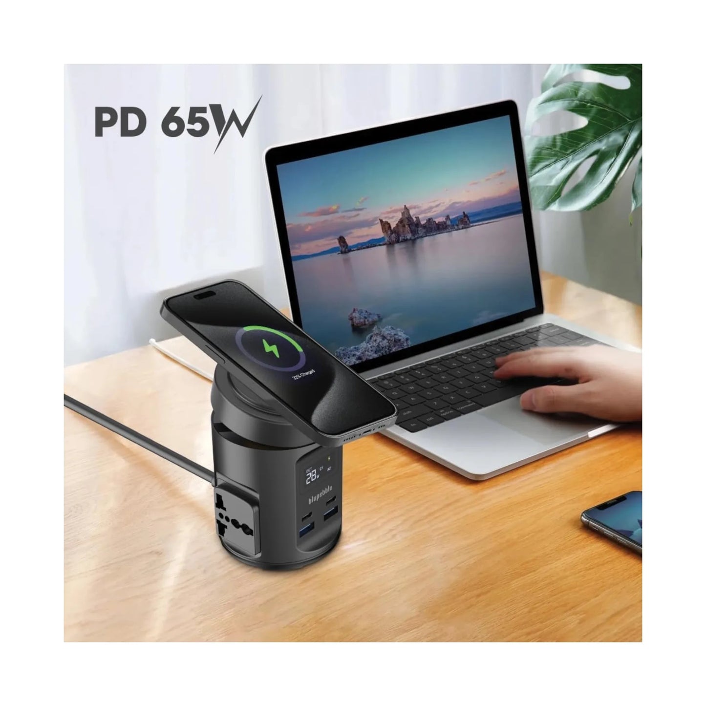 احصل على قاعدة Blupebble من اكس ستور في قطر. شحن PD 65W، شحن لاسلكي 15W، ومنافذ كهرباء متعددة. اطلب الان اونلاين