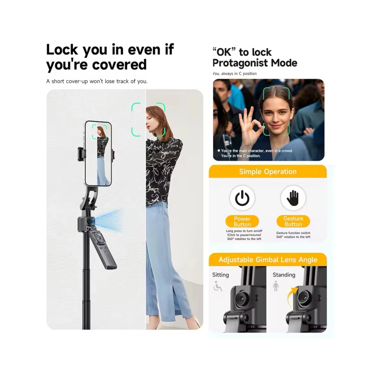 Tracking Gimbal Selfie Stick Tripod, Detachable remote control and phone clip, Available now from xStore.qa in Qatar.