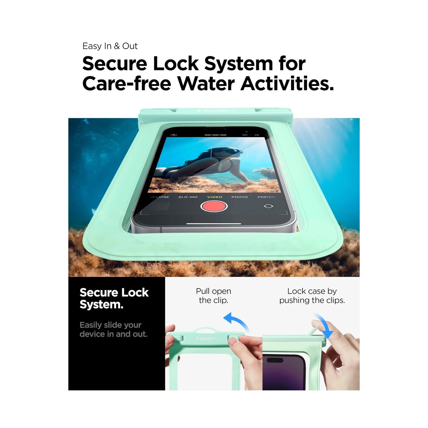 Water-proof Cover For phones, from Spigen Company, the possibility of diving up to 30 meters, Available at xStore.qa in Qatar.