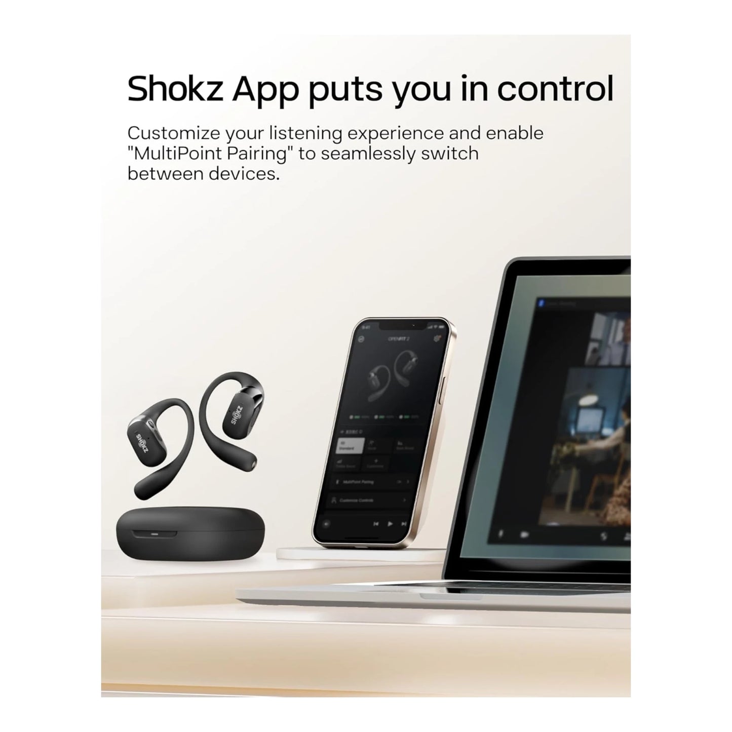 Get SHOKZ OpenFit 2+ in Black Available Now From xStore.qa in Qatar, Up to 11 hours of playtime, 48 hours.