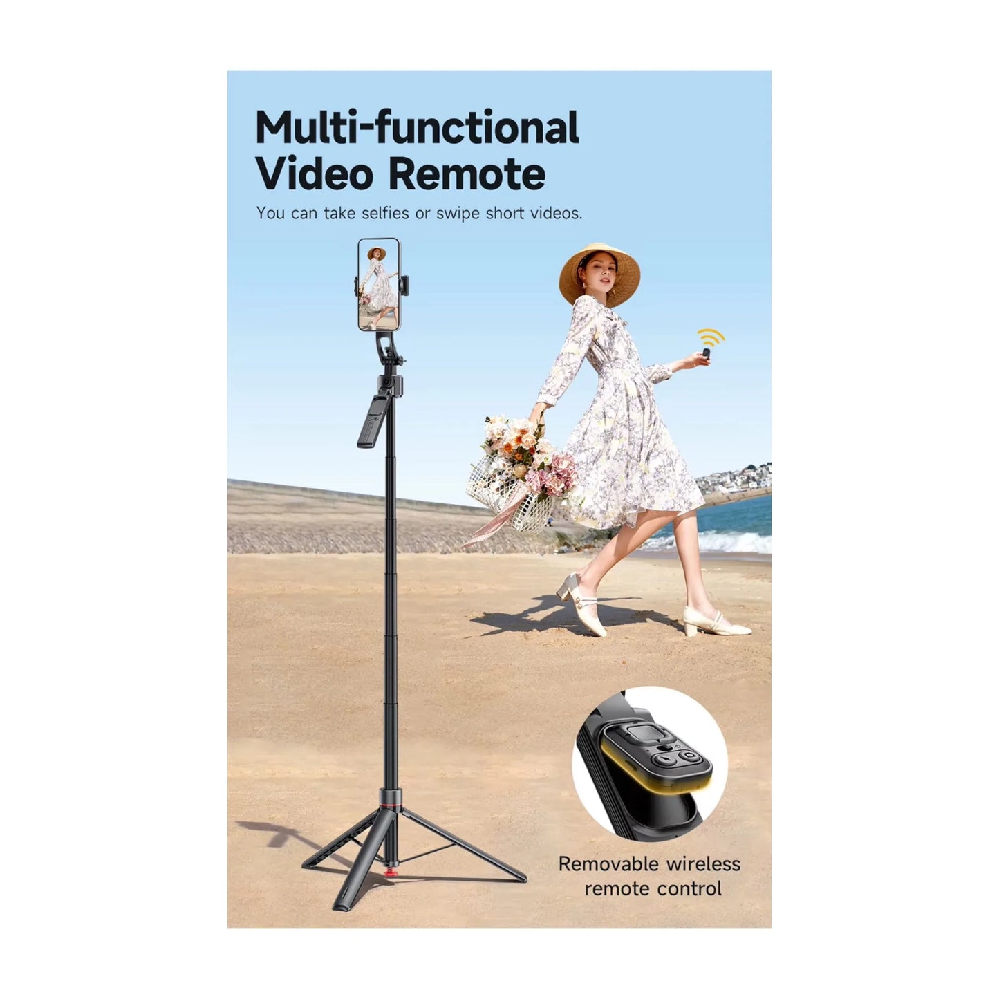 Tracking Gimbal Selfie Stick Tripod, Detachable remote control and phone clip, Available now from xStore.qa in Qatar.