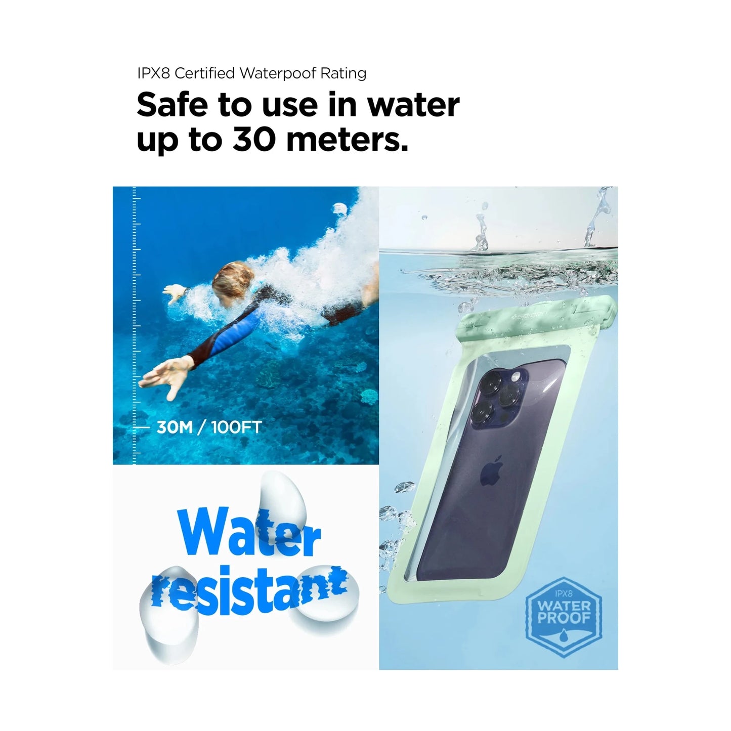 Water-proof Cover For phones, from Spigen Company, the possibility of diving up to 30 meters, Available at xStore.qa in Qatar.