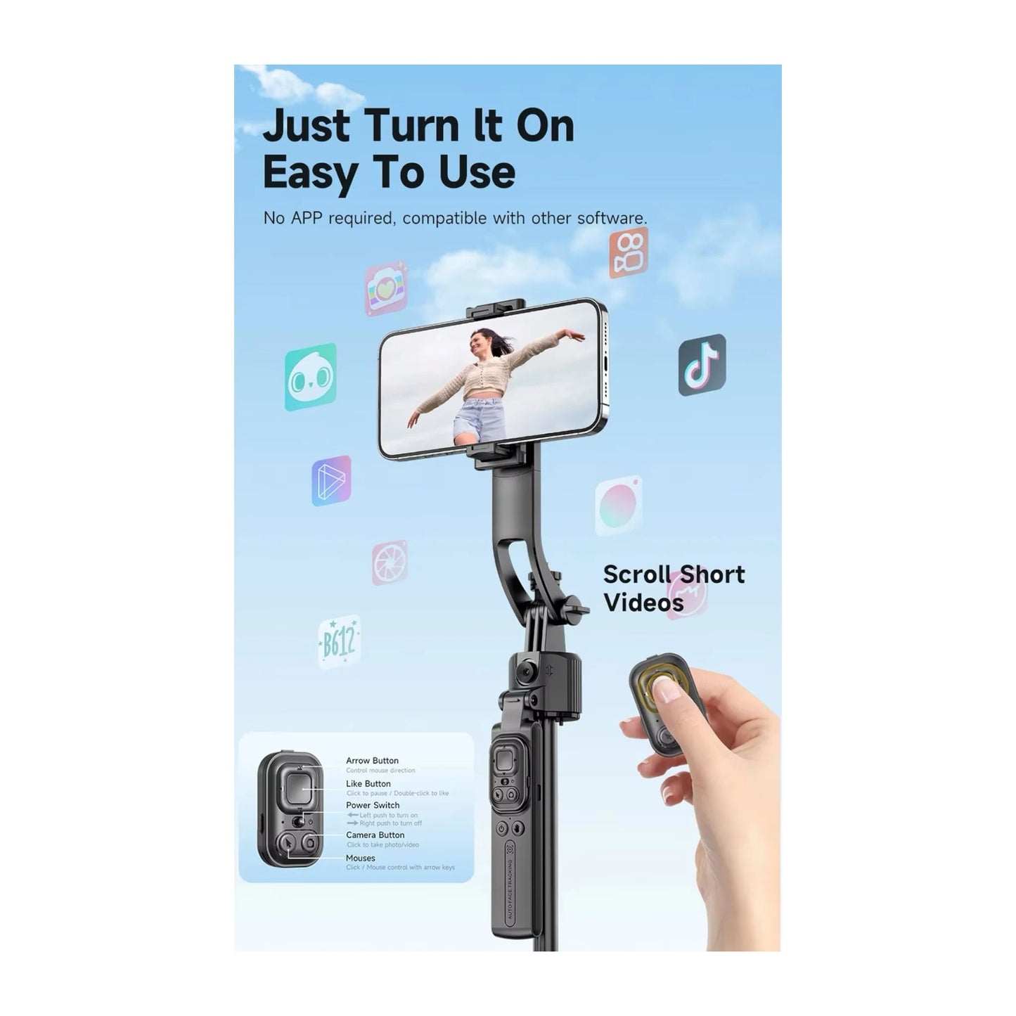 Tracking Gimbal Selfie Stick Tripod, Detachable remote control and phone clip, Available now from xStore.qa in Qatar.