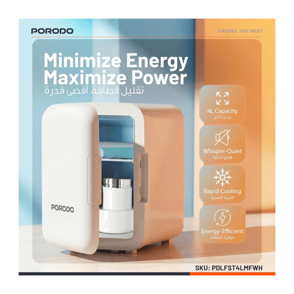 Porodo Lifestyle 4L Mini Fridge for Home & Car, Lightweight, portable design with an internal shelf.