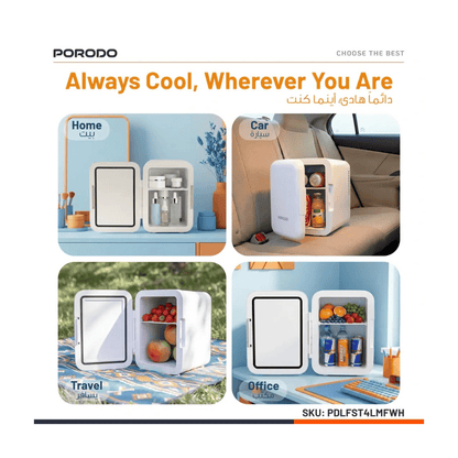 Porodo Lifestyle 4L Mini Fridge for Home & Car, Compact 4L mini fridge for cooling drinks and skincare products.