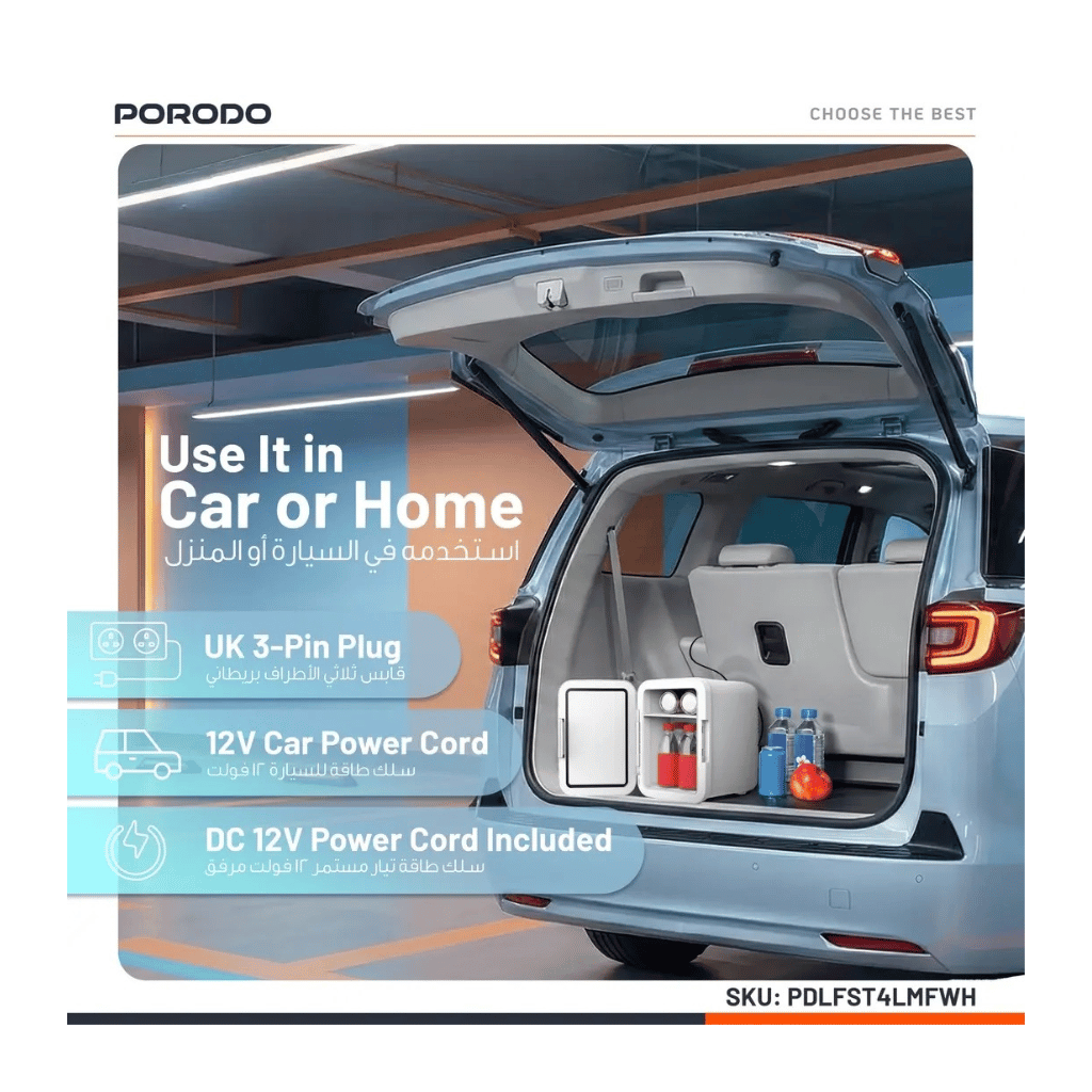 Porodo Lifestyle 4L Mini Fridge for Home & Car, Ideal for home, office, car, and travel.