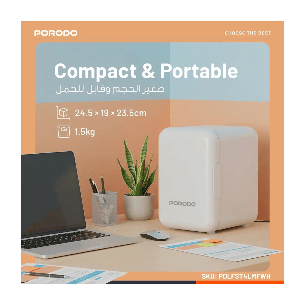 Porodo Lifestyle 4L Mini Fridge for Home & Car, Includes UK 3-pin power plug and 12V car power cable.