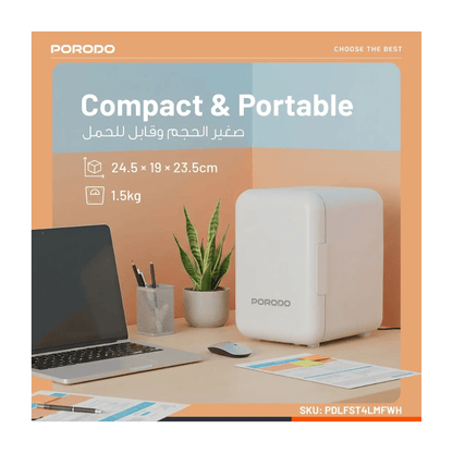 Porodo Lifestyle 4L Mini Fridge for Home & Car, Includes UK 3-pin power plug and 12V car power cable.