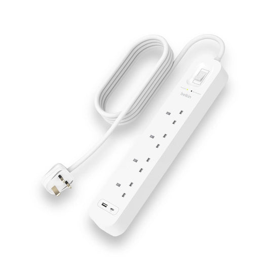 Belkin 4-outlet surge protector with USB-C, USB-A, 2M cable, and 525 joules protection from xStore Qatar.