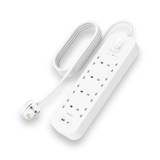 Belkin 8-outlet surge protector with USB-C, USB-A, 2M cable, and 900 joules protection from xStore Qatar.