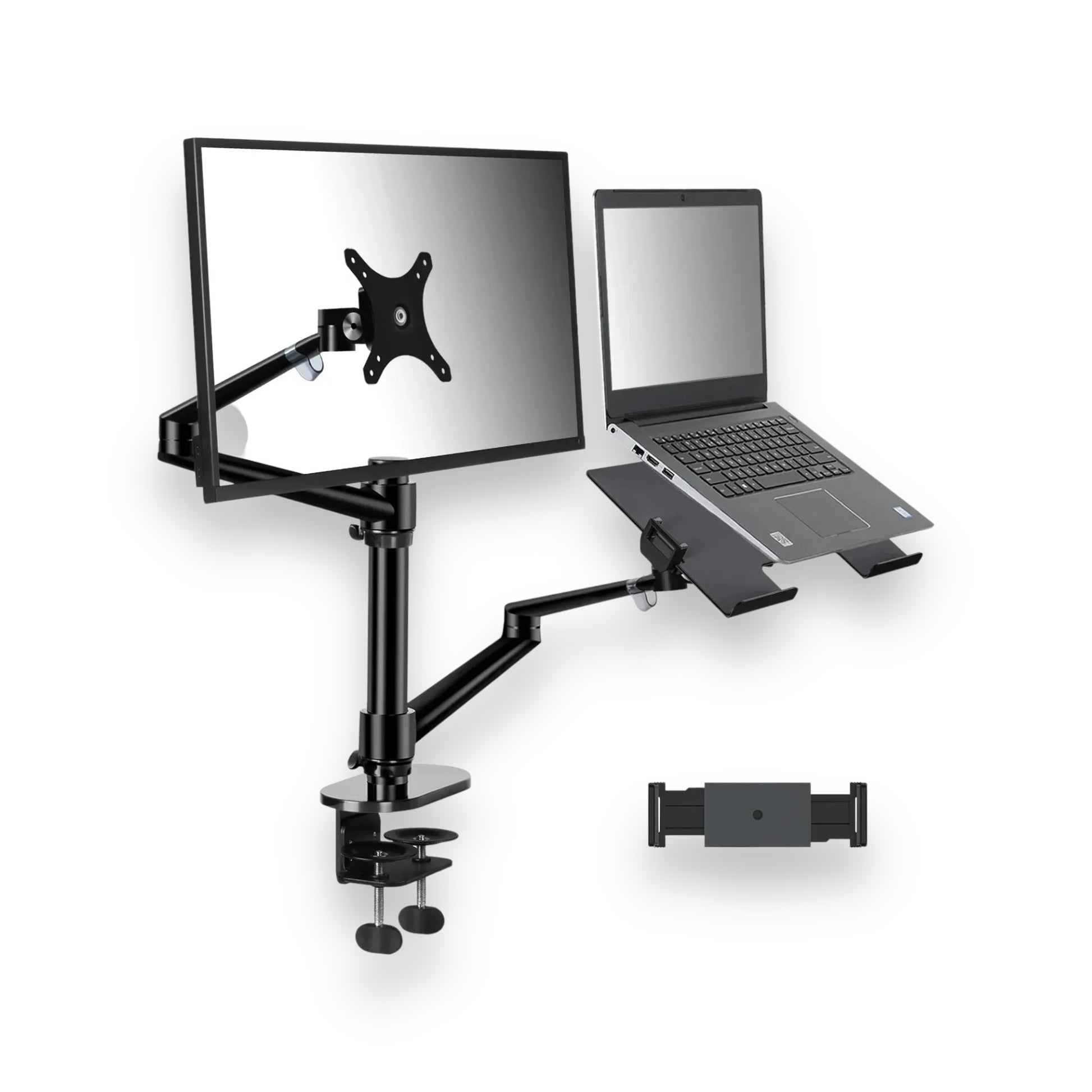 Adjustable Monitor & Laptop Mounts 2-in-1, black, versatile, space-saving solution, ergonomic workstation setup, xStore in Qatar.