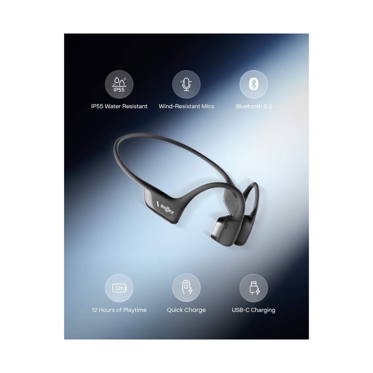 Wireless headphones with 12-hour battery life, secure fit, and customizable EQ modes via the Shokz App from xStore in Qatar