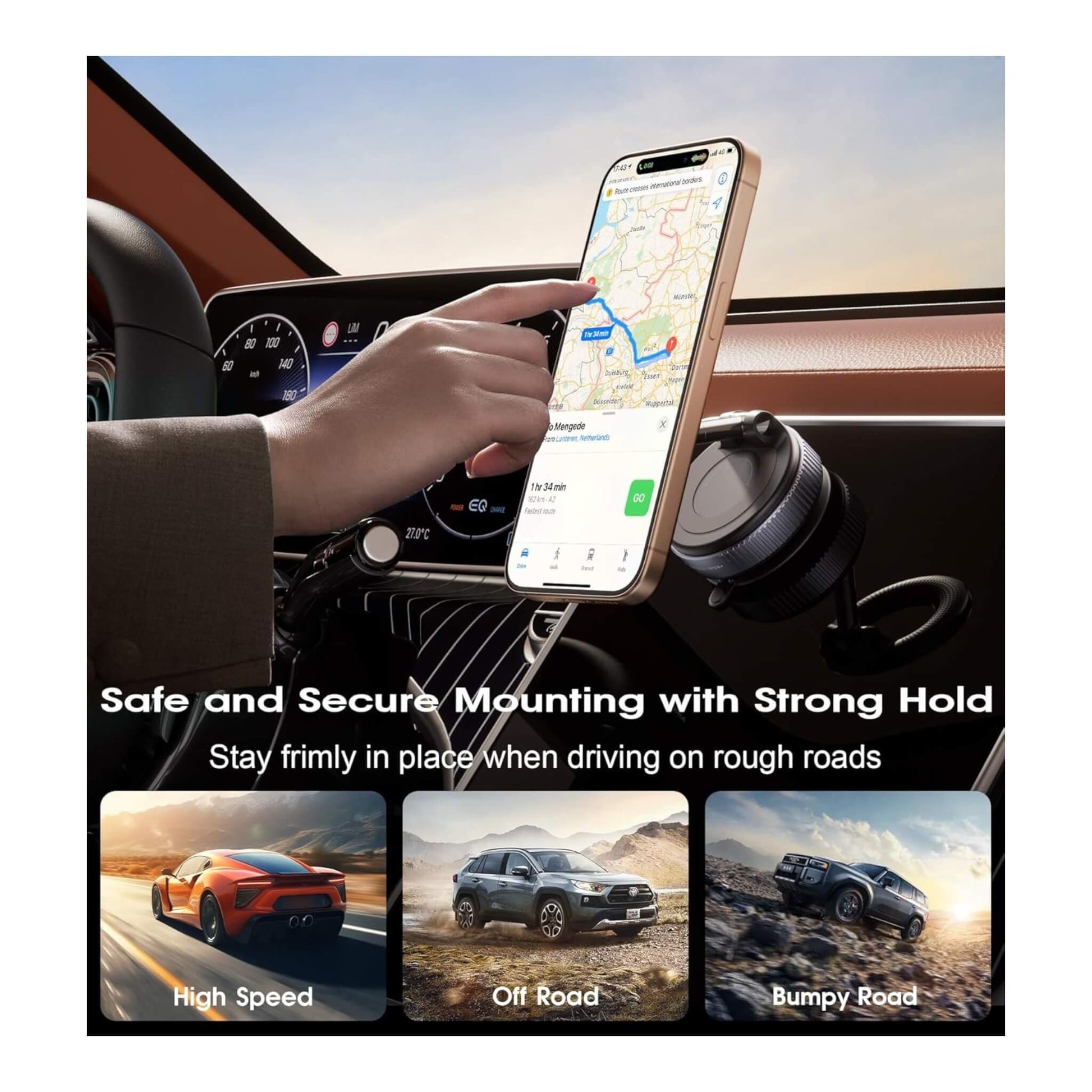 magnetic car mount with twist-lock suction, flexible angles, MagSafe compatible. from xStore.qa in Qatar.