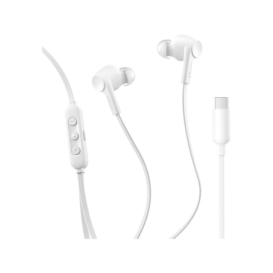 Belkin SoundForm USB-C In-Ear Earphones with ANC at xStore in Qatar, Built-in microphone with noise reduction for clear calls.