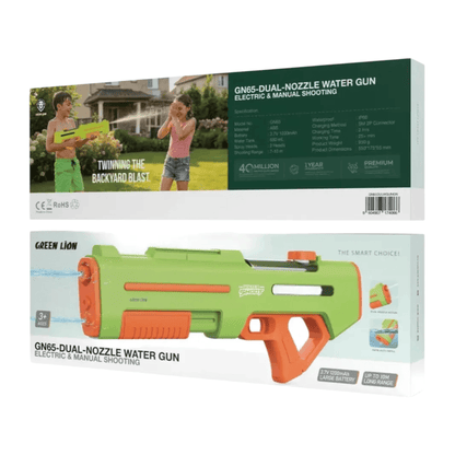 Green Lion GN65 Dual-Nozzle Water Gun - Electric & Manual Shootingd, Spray range up to 10 meters. xStore in Qatar.