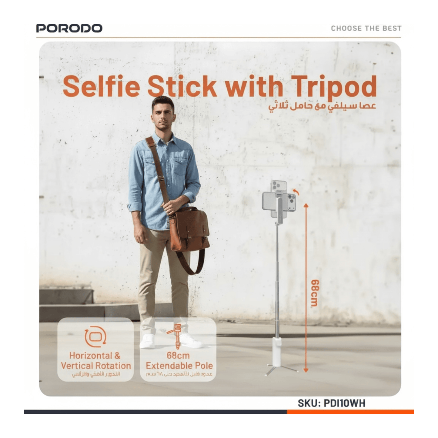 Porodo Malibu Selfie Stick with Tripod & Bluetooth Remote, Lightweight and portable design.