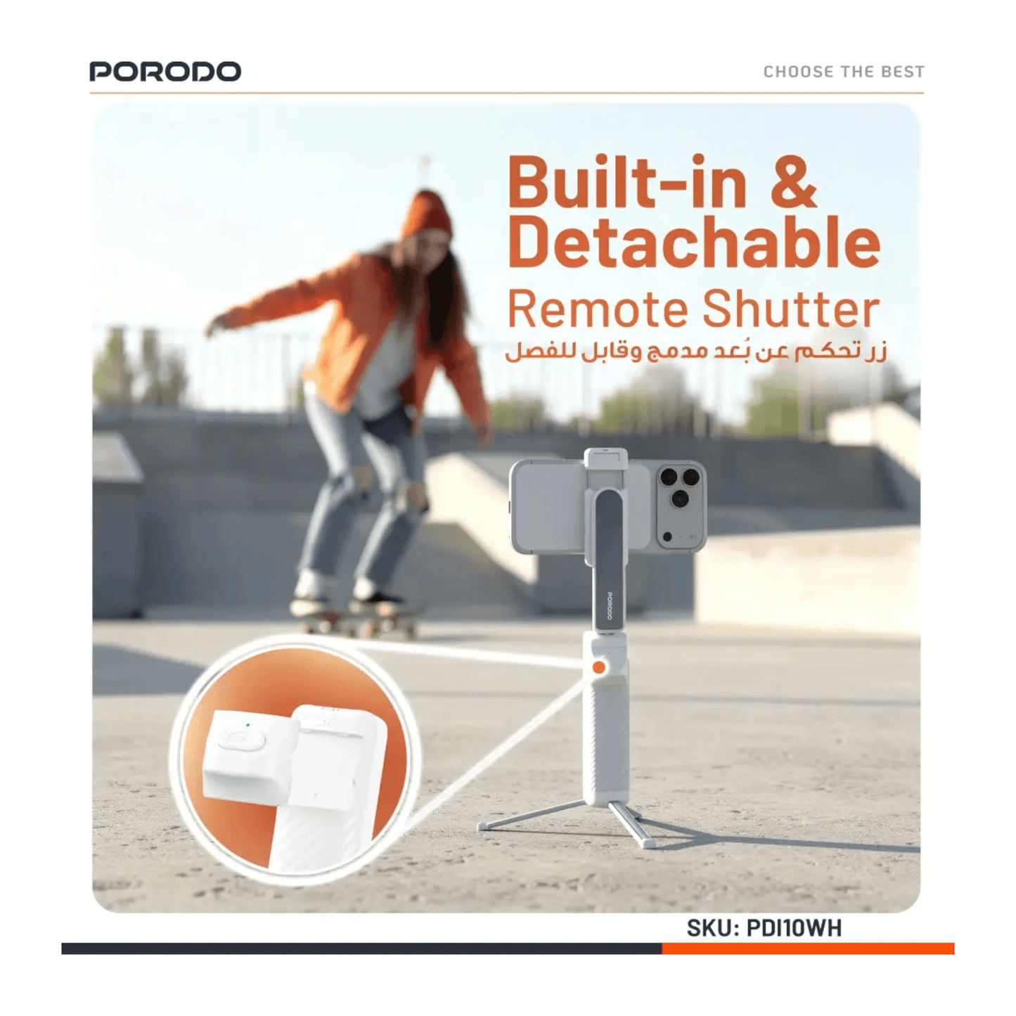 Porodo Malibu Selfie Stick with Tripod & Bluetooth Remote, Compatible with iOS and Android devices.