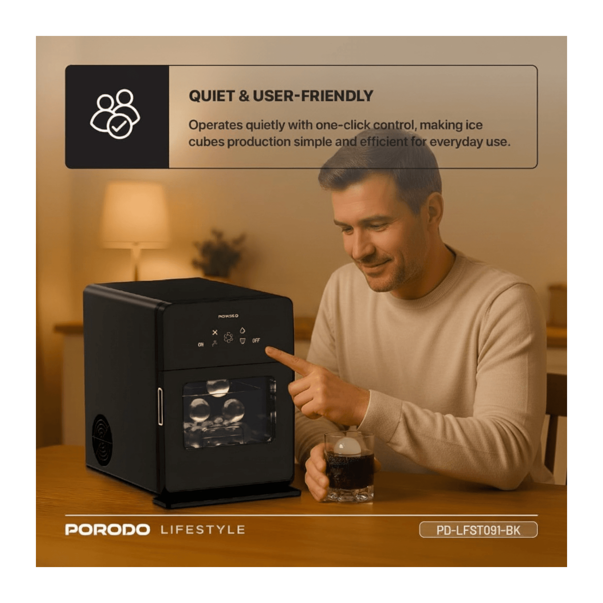 Porodo Ice Maker 10kg Per Day, Sphere ice design keeps drinks colder for longer.
