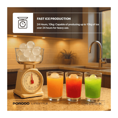 Porodo Ice Maker 10kg Per Day, 10kg daily capacity ideal for parties and heavy use.