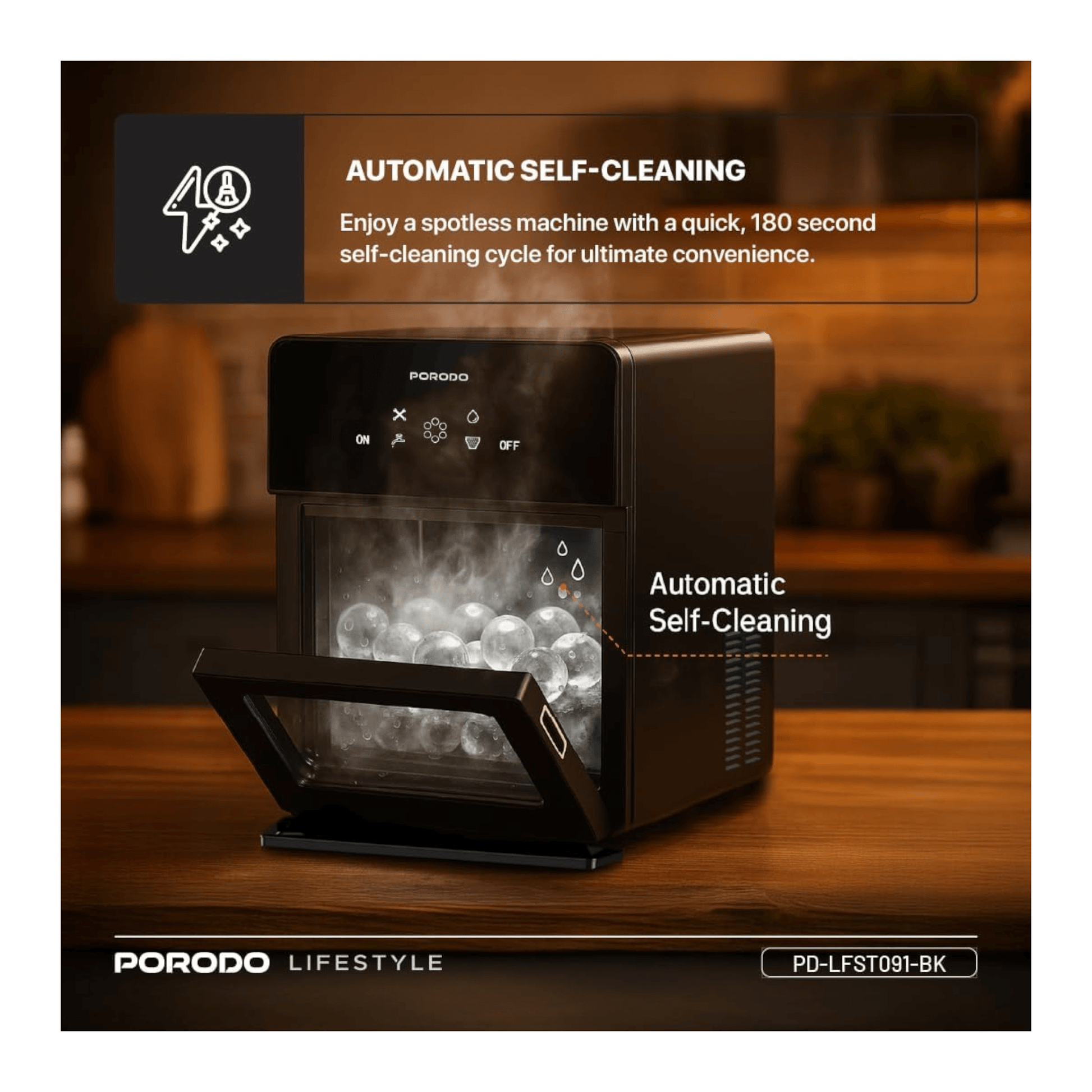 Porodo Ice Maker 10kg Per Day, Quiet operation perfect for home or office.