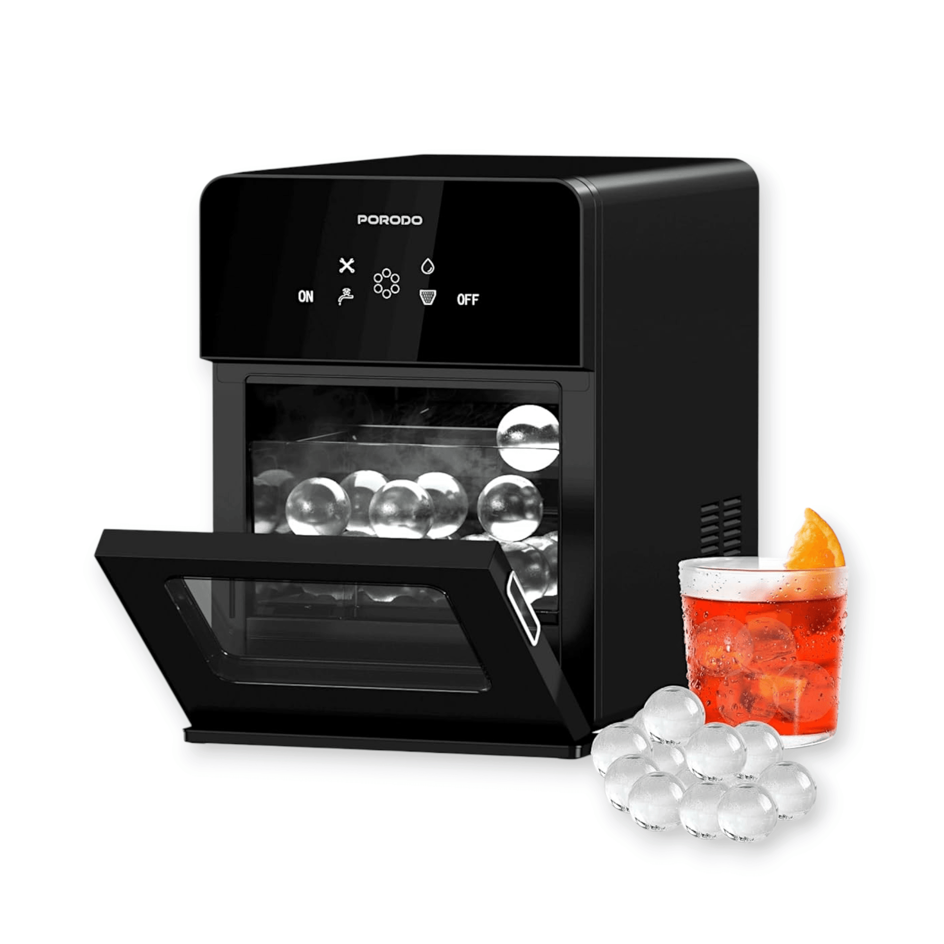Porodo Ice Maker 10kg Per Day, Produces 4 ice spheres every 40 minutes for a continuous ice supply.