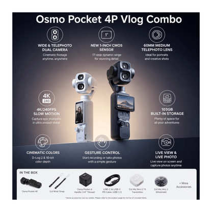 DJI Osmo Pocket 4P Vlog 4K Camera with Dual Lens Combo, 1-inch sensor delivers excellent low-light performance.