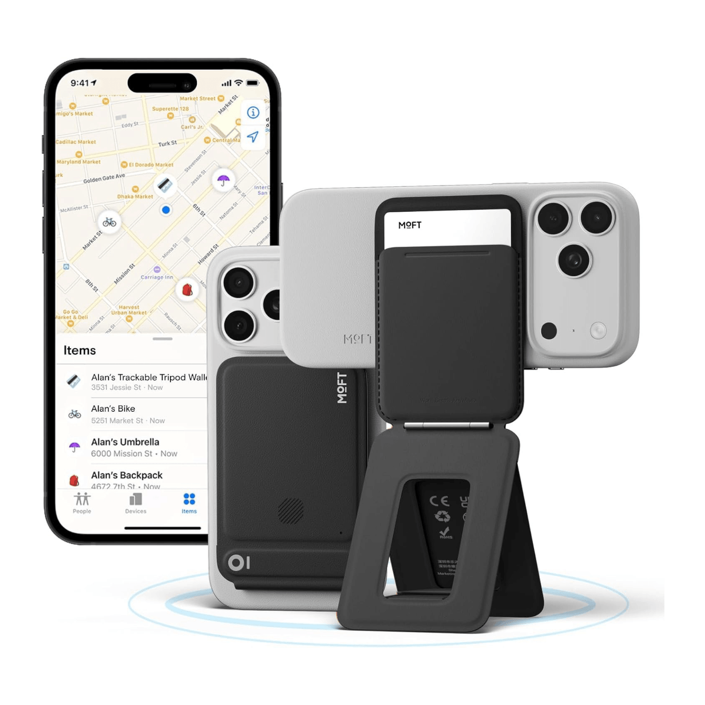 MOFT Trackable MagSafe Wallet Tripod Stand with Find My, real-time tracking and left-behind alerts. 