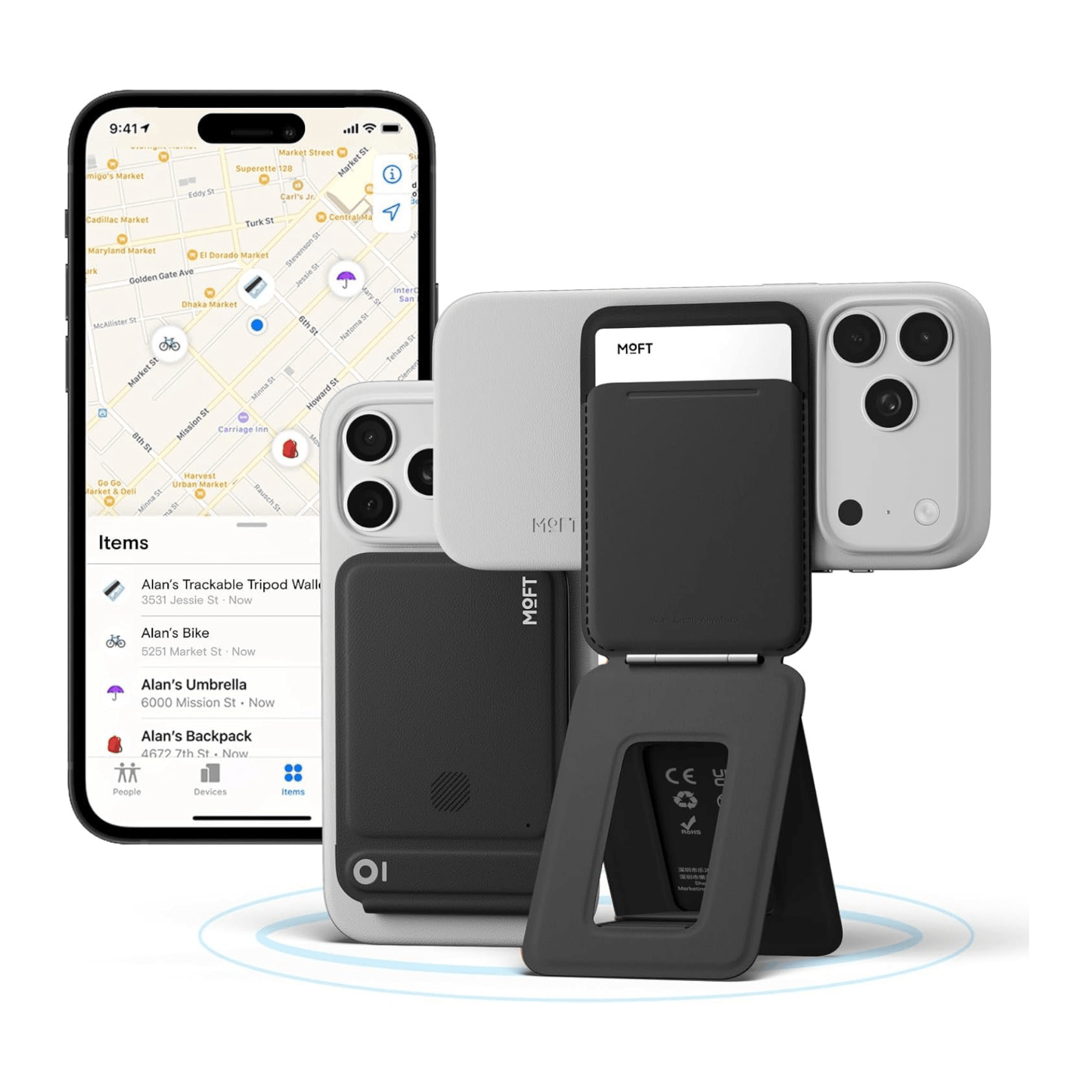 MOFT Trackable MagSafe Wallet Tripod Stand with Find My, real-time tracking and left-behind alerts. 