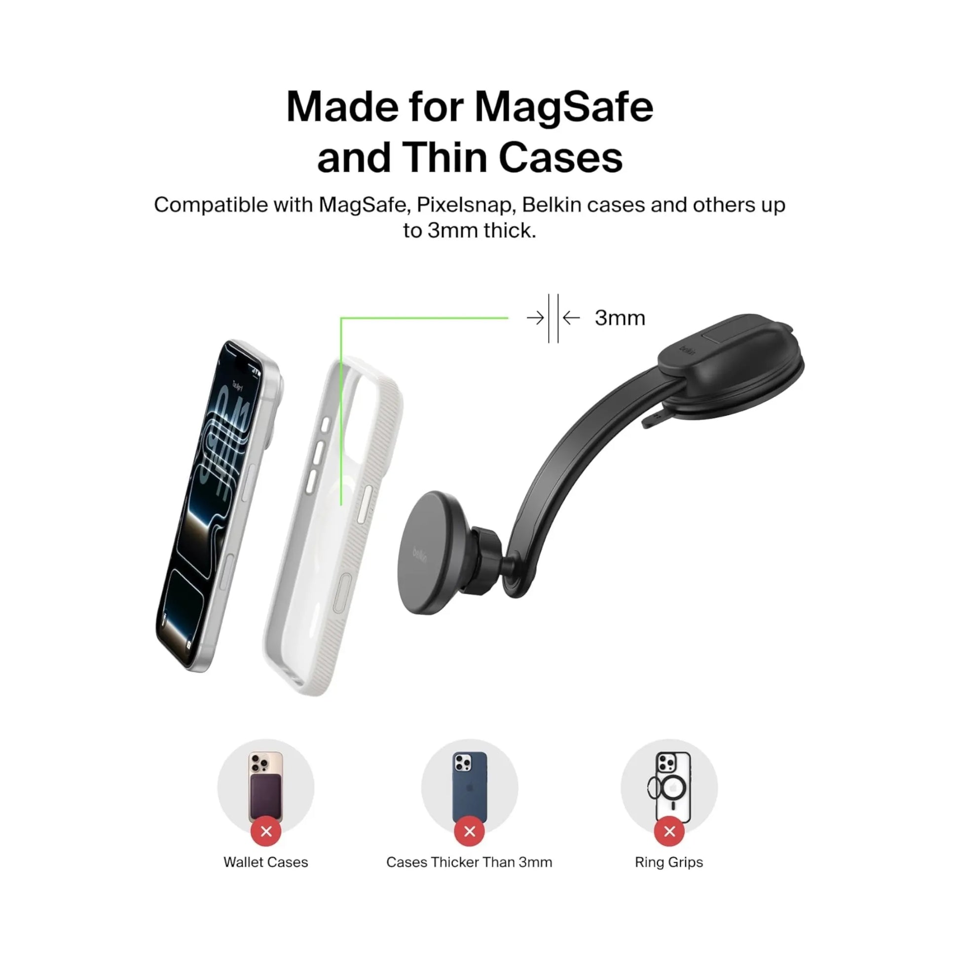 ‫احصل على ‫شاحن سيارة بيلكن ماج سيف من اكس ستور في قطر. دوران 360° وتثبيت قوي وشحن سريع بقوة ١٥ واط.