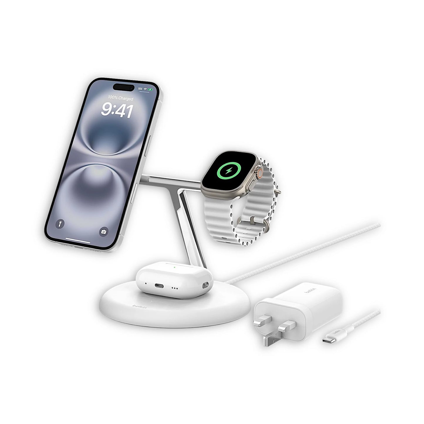 Belkin 3-in-1 Wireless Charging Stand with MagSafe, Qi2, fast charge for AirPods, Apple Watch, available at xStore.qa in Qatar.