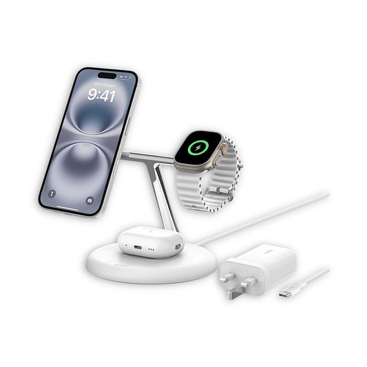 Belkin 3-in-1 Wireless Charging Stand with MagSafe, Qi2, fast charge for AirPods, Apple Watch, available at xStore.qa in Qatar.