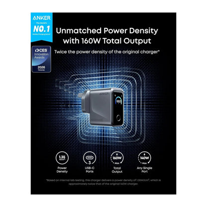 Anker Prime 160W 3-Port USB-C Charger at xStore in Qatar. Supports up to 140W fast charging at any port. Perfect for travel & work.