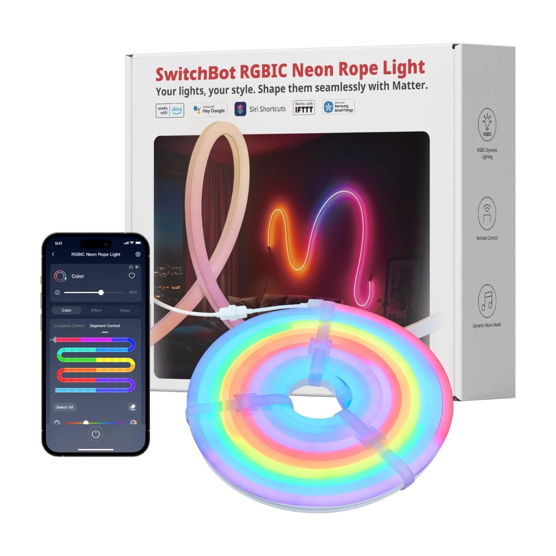 Get SwitchBot RGBIC Neon Rope Light 5M from xStore in Qatar, allows multiple colors simultaneously with dynamic effects.