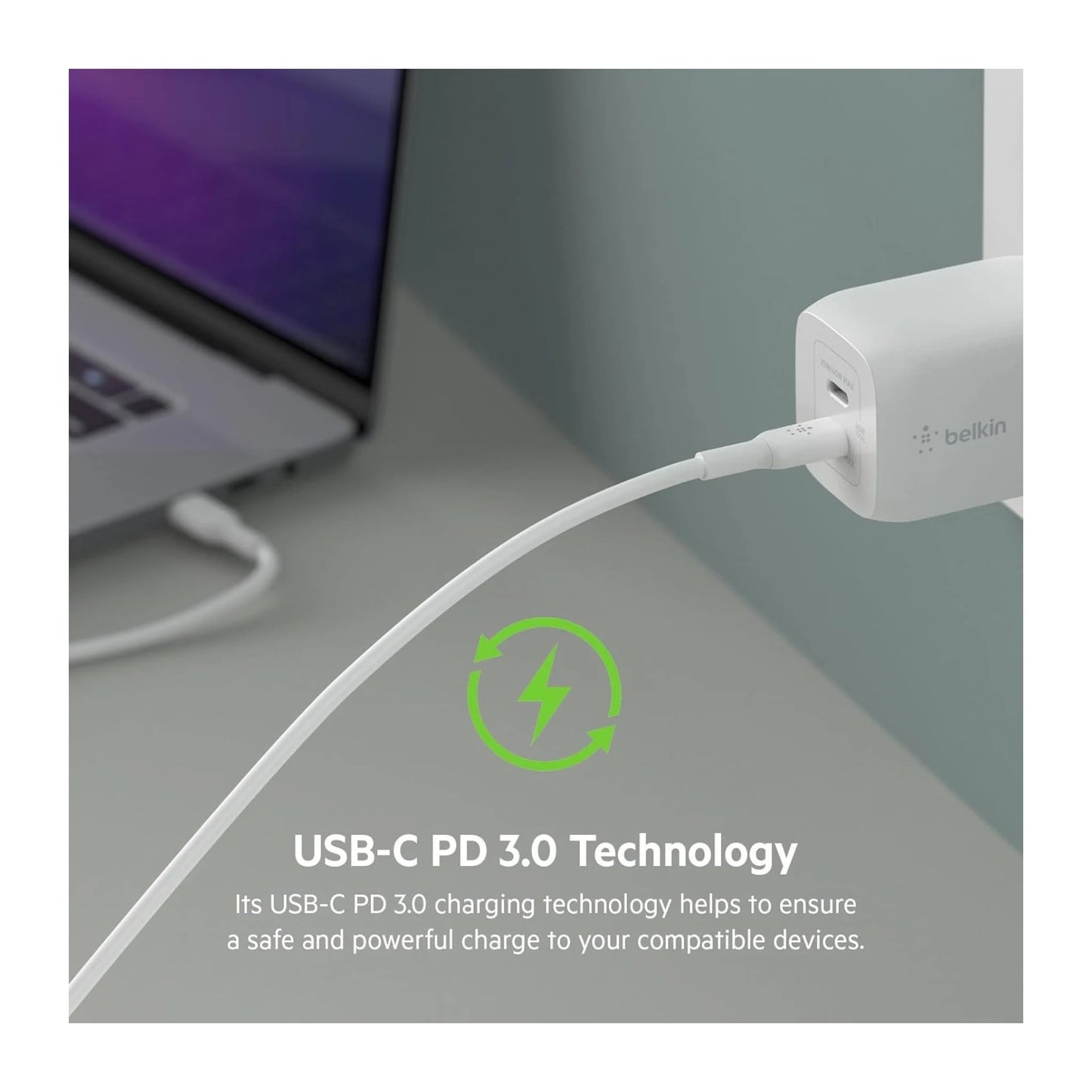 Belkin 65W Dual USB-C GaN Charger with Cable, Charges iPhone up to 50% in about 28 minutes, xStore in Qatar.