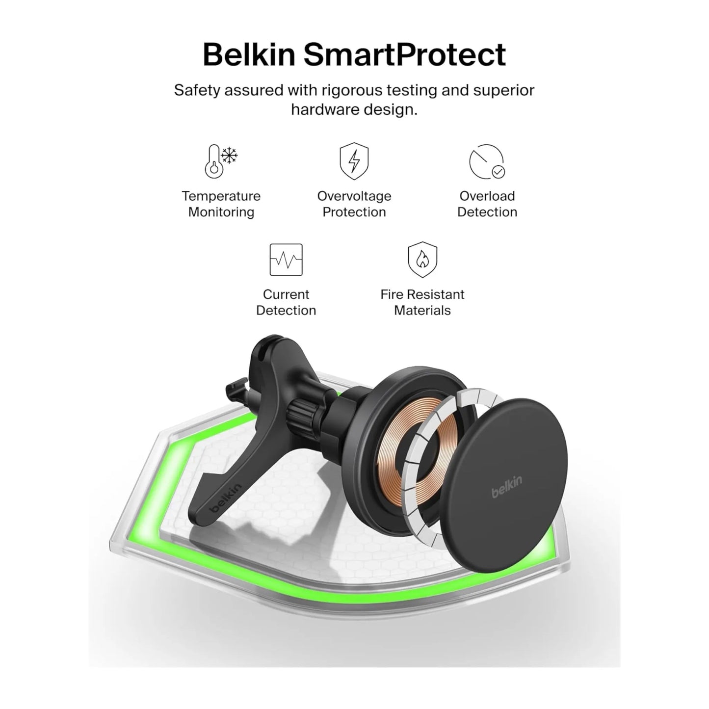 ‫احصل على ‫شاحن سيارة بيلكن ماج سيف من اكس ستور في قطر. دوران 360° وتثبيت قوي وشحن سريع بقوة ١٥ واط.