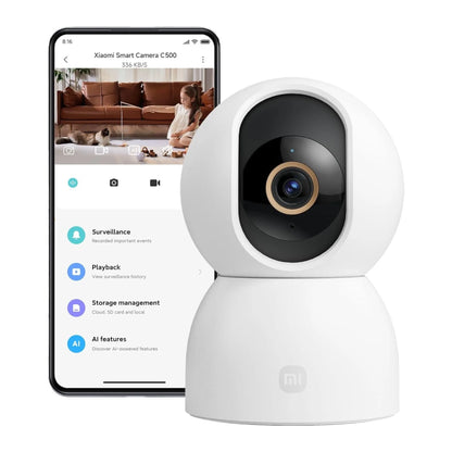‫كاميرا من شركة شاومي C500 من اكس ستور في قطر. دقة 4K, تغطية 360°، ذكاء اصطناعي، Wi-Fi 6، وحماية خصوصية, رؤية ليلية قوية.