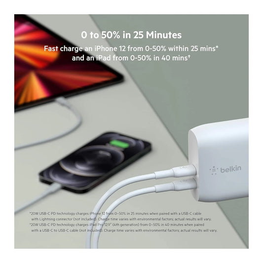 Belkin Dual USB-C Wall Charger 40W, Delivers up to 20W fast charging per port, xStore in Qatar.