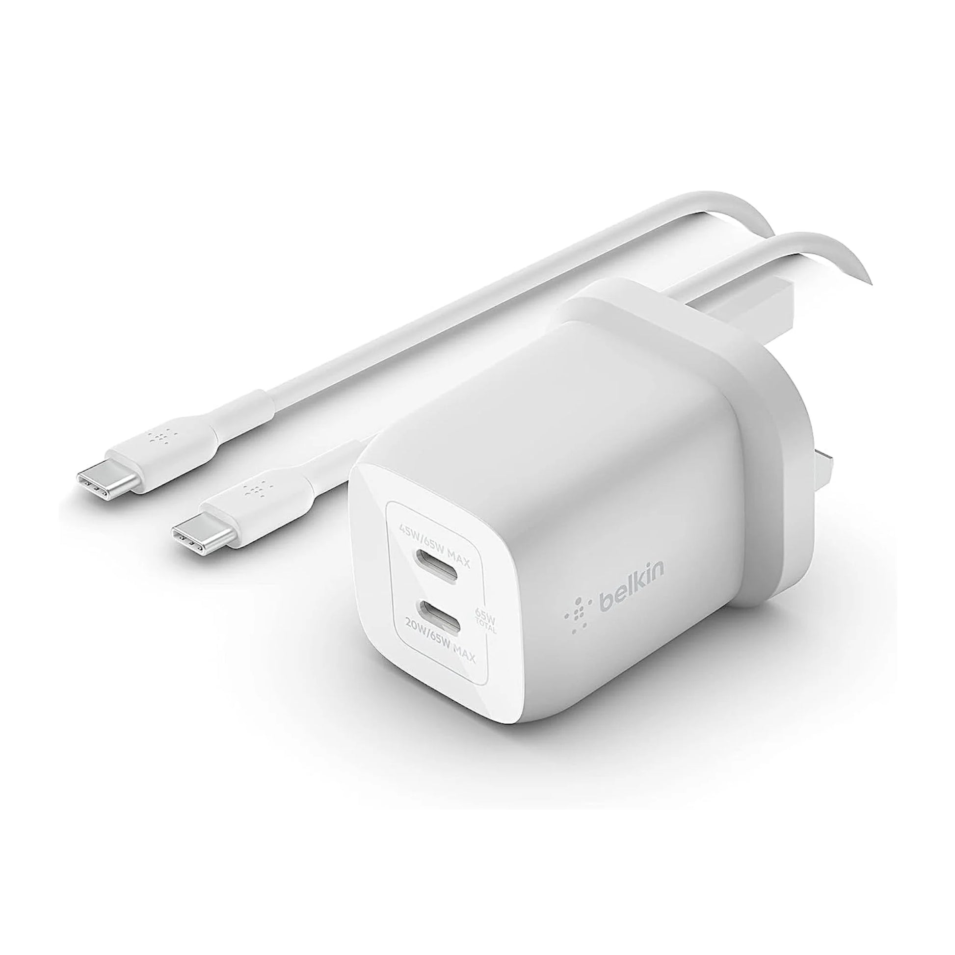 Belkin 65W Dual USB-C GaN Charger with Cable, Dual USB-C charger with up to 65W output, xStore in Qatar.