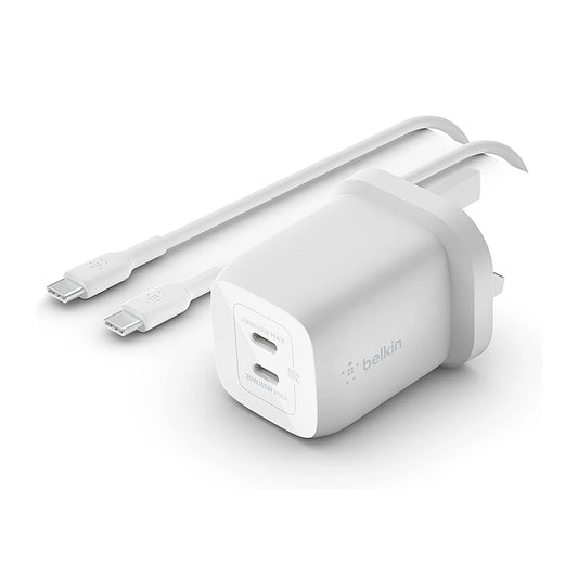 Belkin 65W Dual USB-C GaN Charger with Cable, Dual USB-C charger with up to 65W output, xStore in Qatar.