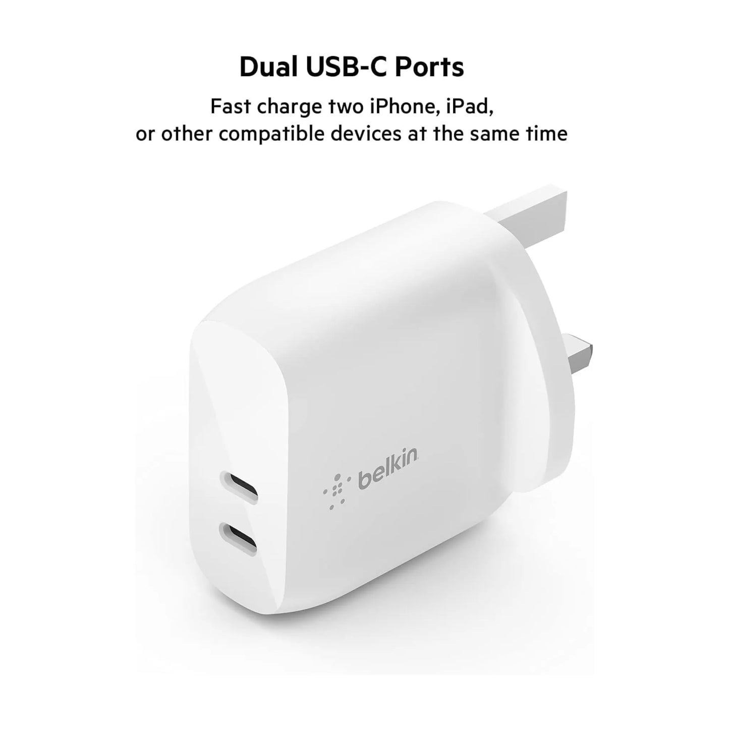 Belkin Dual USB-C Wall Charger 40W, Supports Power Delivery (PD) for efficient charging, xStore in Qatar.