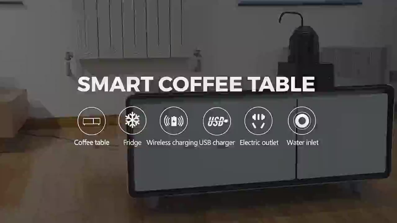 Smart Coffee Table with fridge, 15W wireless charging, Bluetooth speakers & LED lights – xStore Qatar.