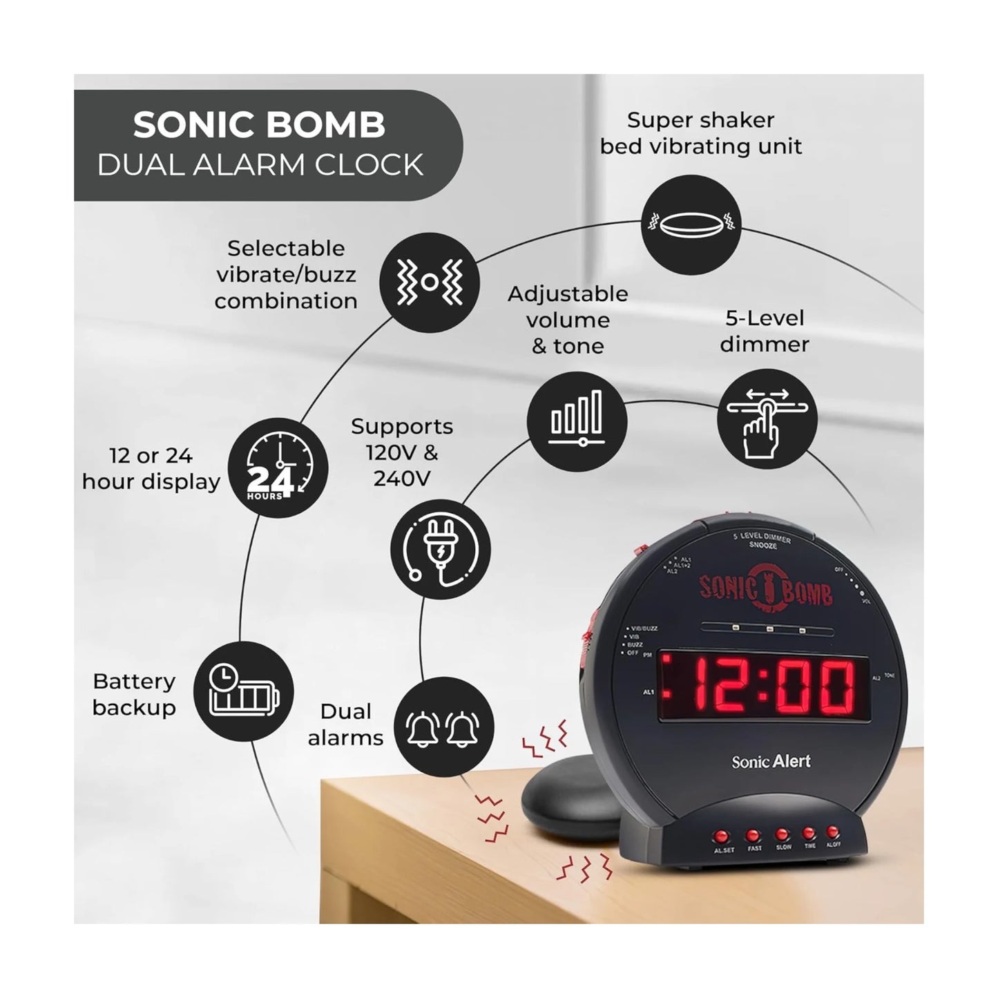 Sonic Bomb alarm clock with super shaker, loud sound, and vibration, perfect for heavy sleepers. from xStore in Qatar.