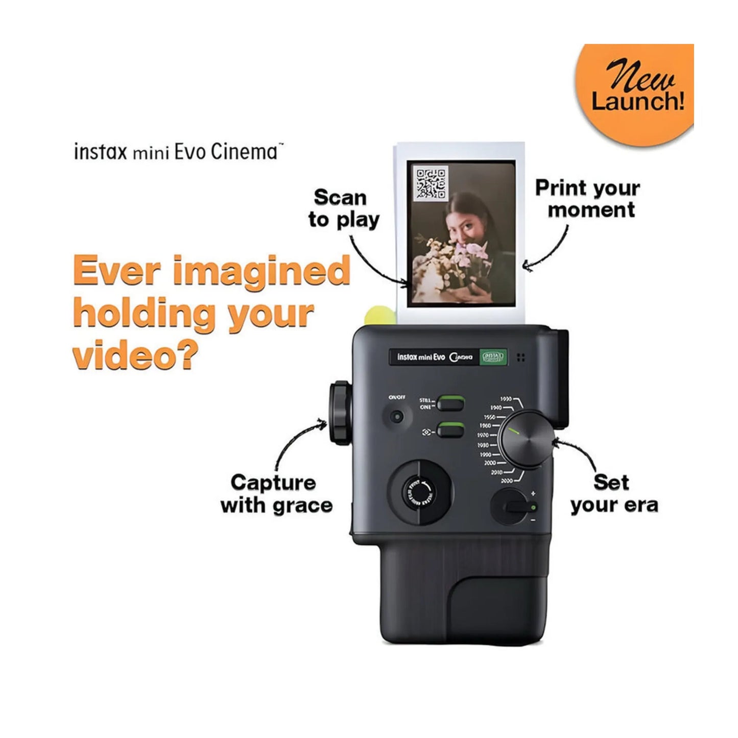 Fujifilm Instax Mini Evo Cinema Instant Camera, 1.54-inch color LCD screen for previewing shots & adjusting settings easily.
